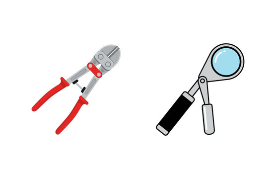 Diverse utility tools graphic including a robust bolt cutter and a dynamic hand grip exerciser