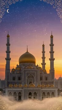 Grand mosque with golden dome at sunset during Ramadan. Islamic architecture under starry sky with crescent moon. Spiritual temple for prayer and Muslim holiday. Vertical video