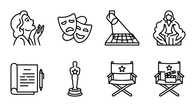 Cinema and Theater Icons Set: Acting, Awards, Scriptwriting, and Directing Essentials for Film and Stage