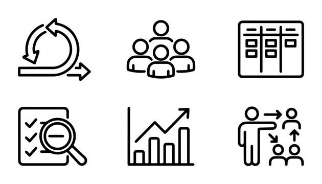 Agile Methodology Icons, Teamwork, Kanban Board, Checklist, Growth Chart, Coaching - Business Process Vector Set