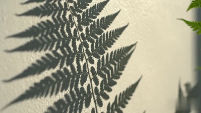 Abstract botanical silhouette of delicate fern frond projected onto a clean ivory plaster surface with gentle morning sunshine and elegant organic pattern of foliage contrast.
