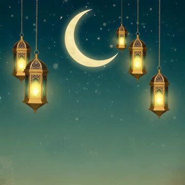Glowing golden lanterns hanging under a crescent moon in the starry night sky. Traditional decorations for festive Ramadan celebration and Islamic religious event.