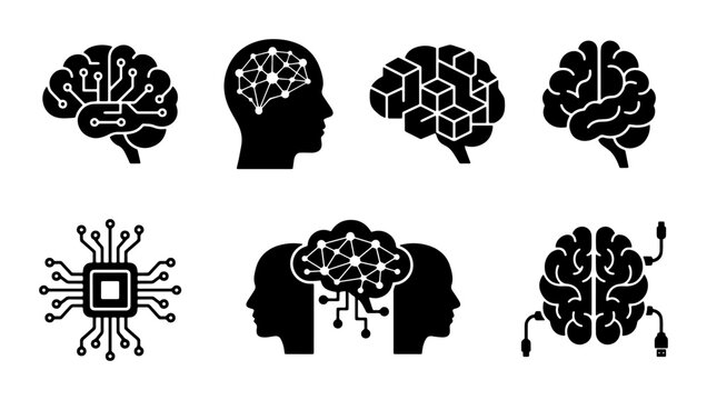 AI Brain Icons Set, Neural Network & Technology Concepts, Artificial Intelligence & Machine Learning Graphics, Digital Mind & Cognitive Processing Vector Art