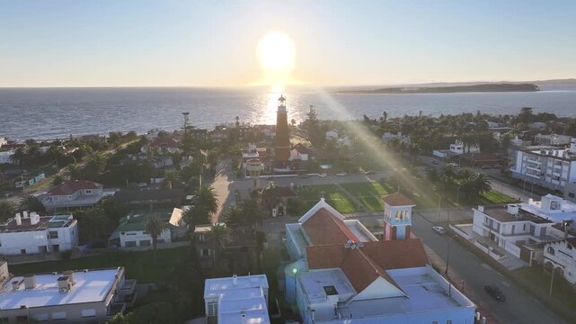 Sunset Punta Del Este In Punta Del Este Maldonado Uruguay. Aerial View Of A Landmark Tall Lighthouse In A Coast Beach. Sunrise Sky Beach Sea. Sunrise Beach City. Punta Del Este Maldonado.