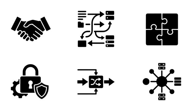 Business Icons Set: Partnership, Data Flow, Puzzle Solutions, Security, Network Switch, Distributed System - Vector Graphics for Corporate Concepts