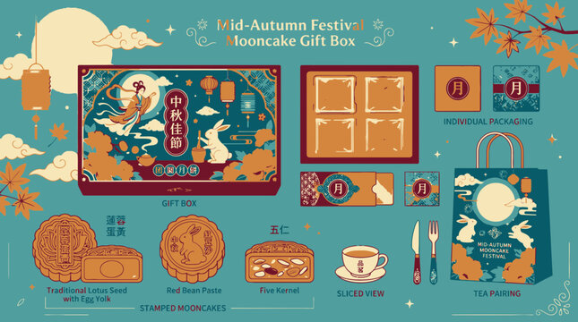 Mid-Autumn Mooncake Gift Box and Packaging Vector Illustration Set