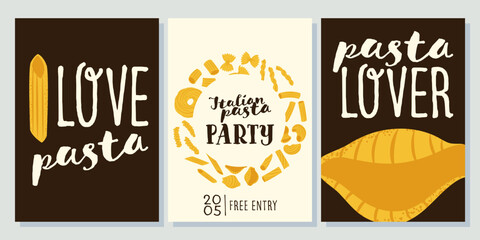 Set of three vintage style Italian pasta posters featuring penne, decorative wreath of pasta shapes, and conchiglie shell with stylish hand drawn typography and "Pasta Lover" quotes. © Panna_Limon