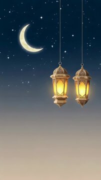 Hanging lanterns with glowing light against crescent moon and starry night sky. Traditional Ramadan celebration background for Islamic holiday greeting card theme. Vertical video