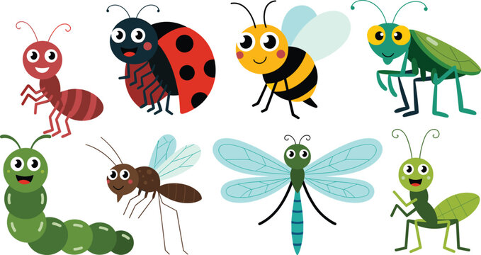 Cute cartoon insects and bugs character collection featuring colorful ant ladybug bee dragonfly and caterpillar vector illustrations