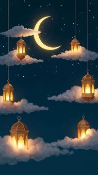 Golden lanterns hanging in clouds with glowing crescent moon. Night sky with stars for Ramadan celebration. Religious Islamic holiday concept and peaceful event. Vertical video