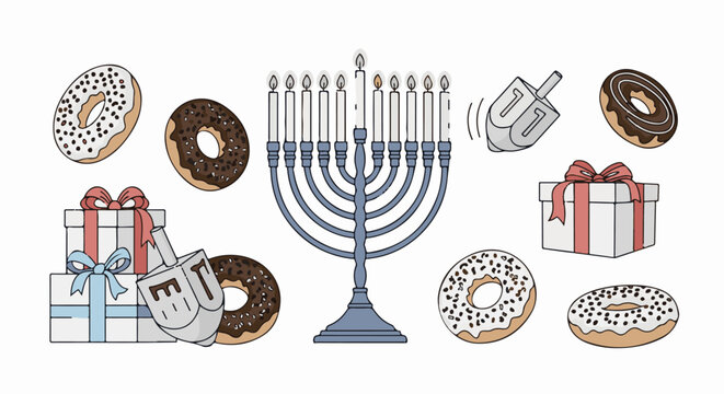 Chanukah menorah with donuts and gifts