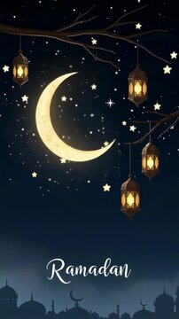 Crescent moon glowing in night sky with hanging lanterns. Celebration of Ramadan with traditional mosque silhouette and stars. Religious festival greeting card. Vertical video