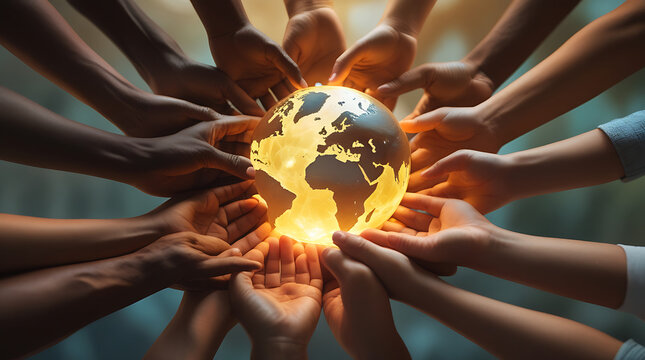 Diverse hands of different ethnicities coming together to support a glowing globe
