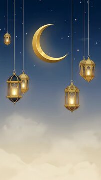 Golden crescent moon with illuminated traditional lanterns hanging against a night sky. Islamic celebration background for Ramadan Kareem and Eid festivities. Vertical video