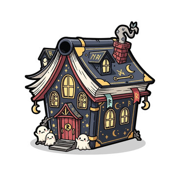 Colorful haunted house with ghosts.