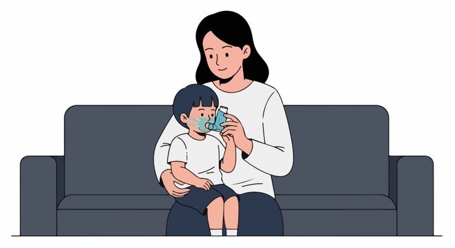Caring mother administers asthma inhaler to child on sofa