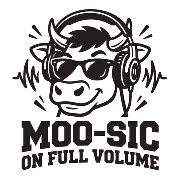 Cool bull wearing sunglasses and headphones listening to music with a funny moo sic on full volume text typography design for apparel and merchandise prints