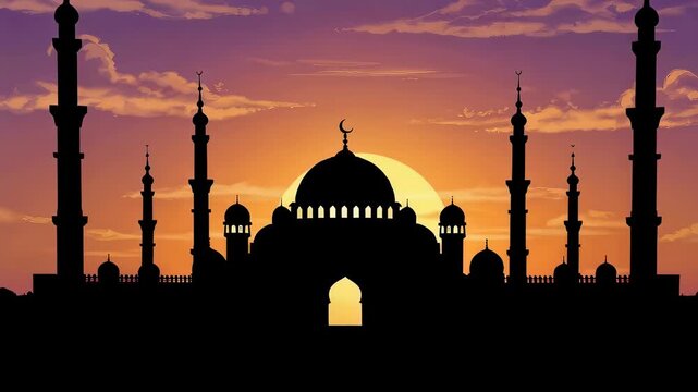 Silhouette of a mosque during sunset. Islamic architecture under a glowing sun and orange clouds. Religious building for Ramadan, Eid al-Fitr and Eid al-Adha.