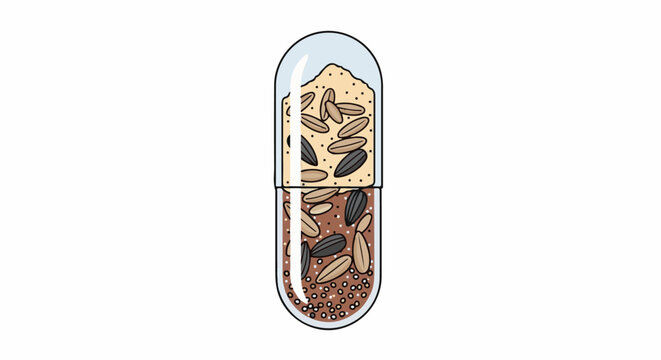 Clear capsule filled with various seeds and powdery contents