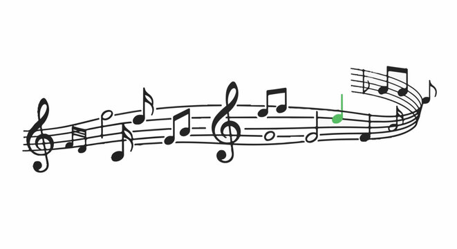 Black and white musical notes on a staff with one green note