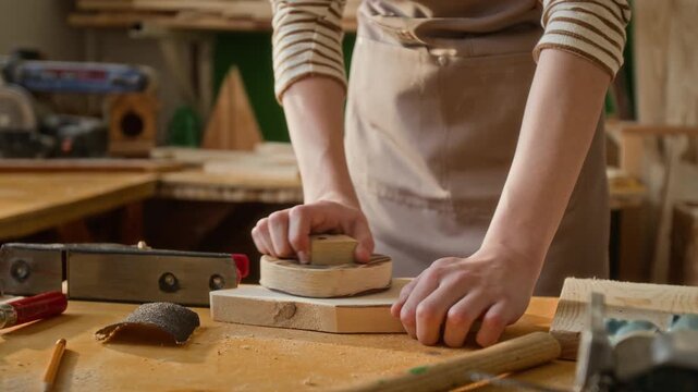 Midsection view of anonymous teenager polishing wooden detail with hand sander during carpentry masterclass in woodworking school