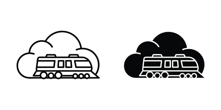 Modern train icon inside stylized cloud symbols