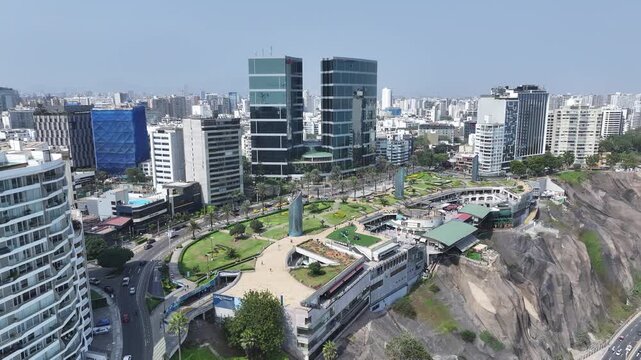 Larcomar Shopping In Miraflores Lima Peru. Birds Eye View Of Stunning Cityscape With Streets And Buildings. Business Sky Background Downtown Cityscape. Backgrounds Panning Wide. Miraflores Lima.