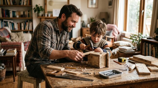 father and child building something together on a small wooden table at home