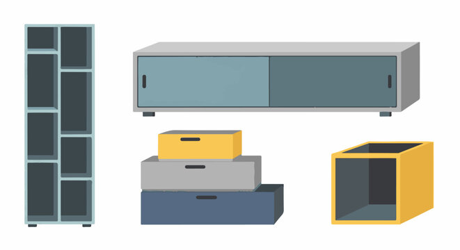 Assorted modular furniture and storage boxes in muted tones