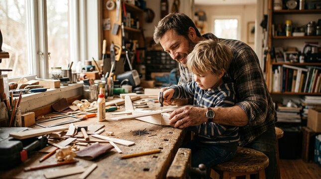 father and child building something together on a small wooden table at home