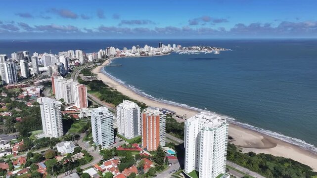 Punta Del Este Skyline In Punta Del Este Maldonado Uruguay. Breathtaking Aerial View Of A Lush Tropical Coastline Scenery. Metropolitan Landscape Commercial Building Vibrant.