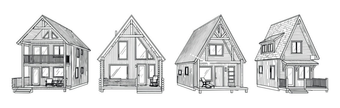 Wooden cabin architecture sketches set with different A-frame and mountain house designs.