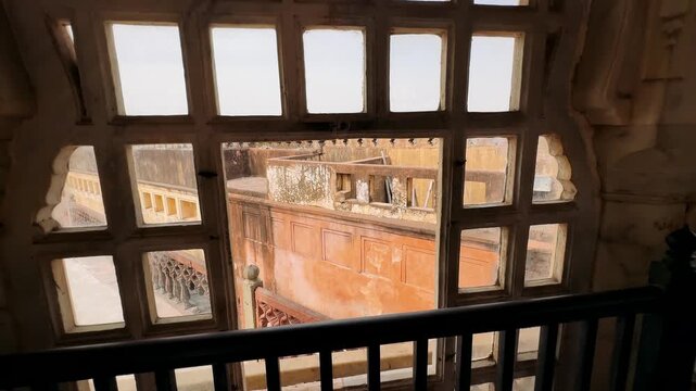 Jaipur, Rajasthan, India. Amber Fort. Slow Motion Pigeons Fly Above Towers Of Amer Fort Or Amber Fort, Amer. Amer Palace Is Great Example Of Rajput Architecture. Interior detail architecture with many