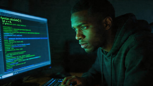 Focused African American male software developer or hacker working late at night in a dark room, staring intensely at computer monitor with lines of code, green and blue neon light reflection.