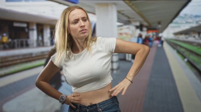 Woman grimacing pinches nose with hand and clutches lower abdomen at a busy station building platform; disgust.