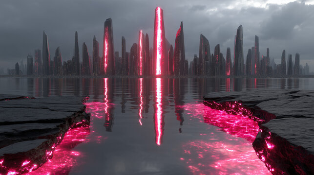 Futuristic neon megacity skyline reflected on dark water under storm clouds with glowing pink energy fissures.