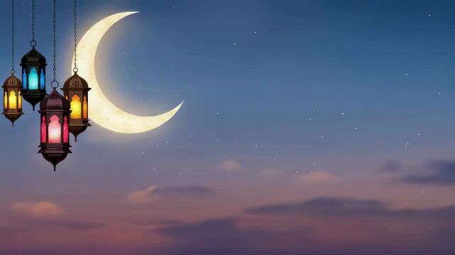 Hanging arabic lantern glowing at night under crescent moon. Ramadan background for muslim celebration. Islamic holiday concept with night sky and stars view.