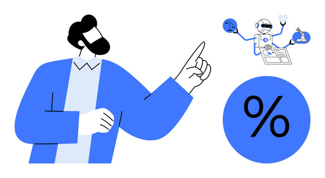 Automation, digital transformation, finance, productivity, innovation, computational design. A man pointing toward a percentage sign and icons technology tools. Automation and digital transformation