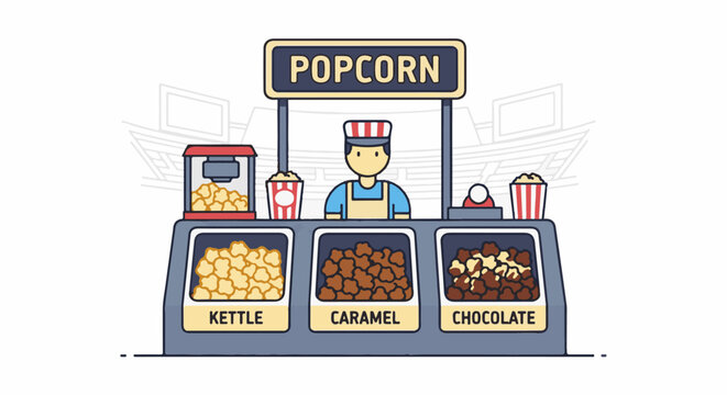 Cartoon popcorn stand with three flavor options kettle, caramel, and chocolate