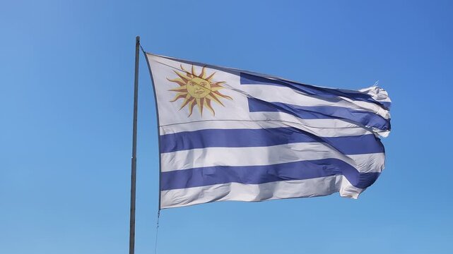 Uruguayan Flag In Punta Del Este Maldonado Uruguay. Stunning Scene Of National Flag Waving At Flagpole. Coast Clouds Sky Seaside Summertime. Coast Panning Wide. Punta Del Este Maldonado.