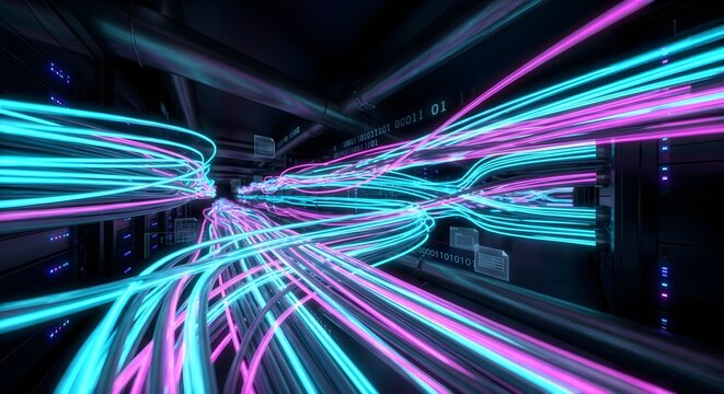 High Speed Fiber Optic Data Transmission in Digital Server Room with Glowing Network Cable Lines and Internet Connectivity