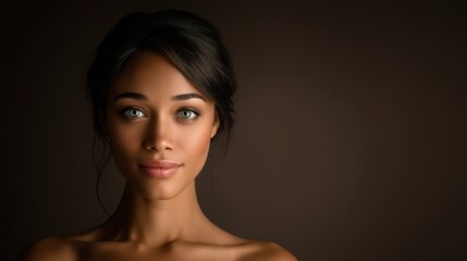 Fototapeta premium Stunning Portrait of a Young Woman with Natural Makeup and Soft Light, Highlighting Her Features and Expressive Eyes Against a Dark Background