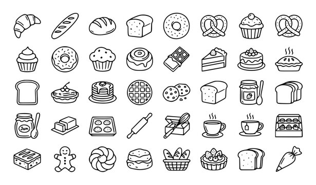 Bakery products doodle 40 icon set with croissant donut cupcake and editable stroke vector collection