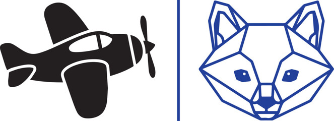Vector icons featuring a black propeller airplane silhouette and a blue geometric fox head. Ideal for logo design, branding, and creative illustrations © Muhammad