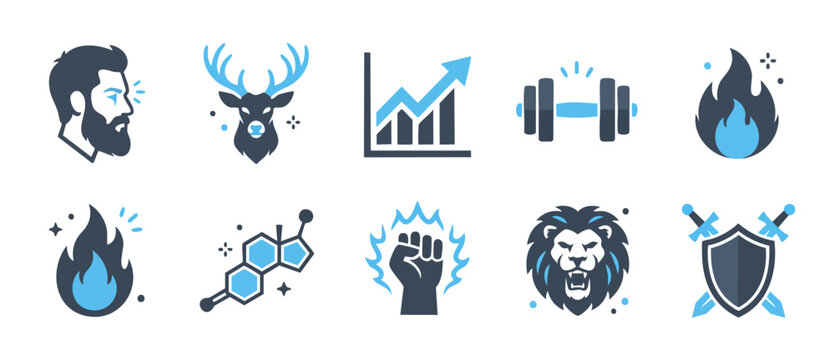 Testosterone Booster Health Icons Set, Male Vitality and Fitness Symbols for Medical or Sports Marketing Branding, Minimalist Blue and Grey Vector Illustrations Representing Strength, Power, and Perfo