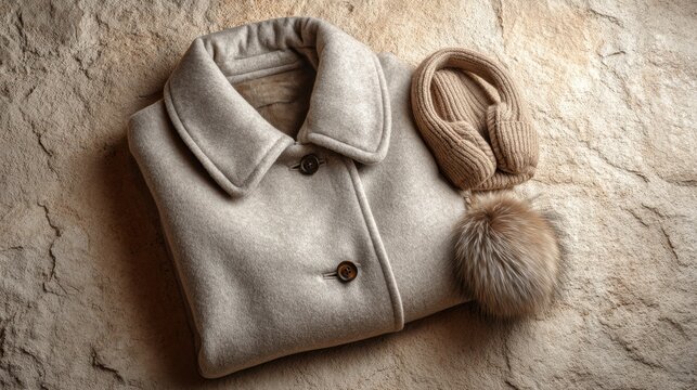 Cozy beige winter coat and soft beige ear muffs with fur detail arranged on textured stone background for fashion or seasonal themes