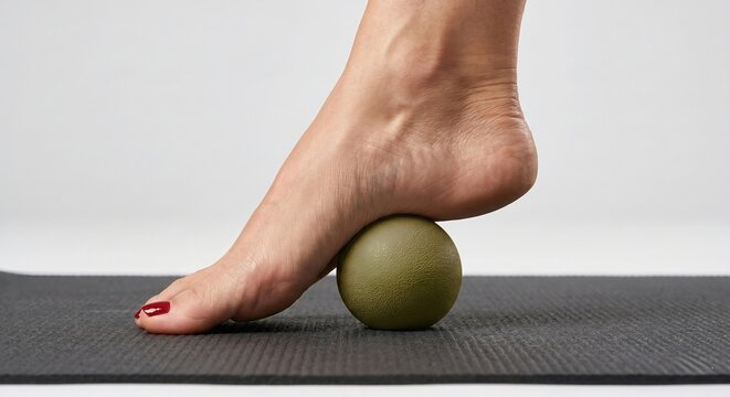 Woman massaging foot arch with a small myofascial release ball on a fitness mat. Concept of physical therapy, plantar fasciitis relief, and foot self-massage. Myofascial trigger point therapy