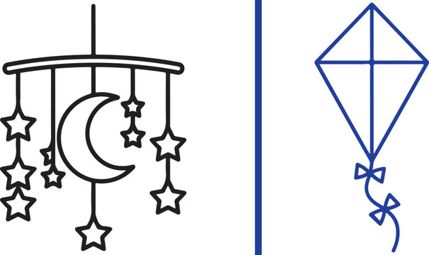Baby mobile with moon and stars and a kite icon. Minimalist line art vector set representing childhood, nursery decor, and playfulness