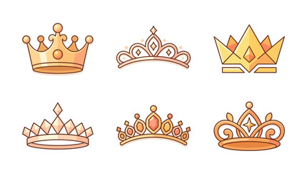 A collection of six golden and rose gold tiaras and crowns, each with intricate designs and sparkling jewels, presented on a white background. © Terra
