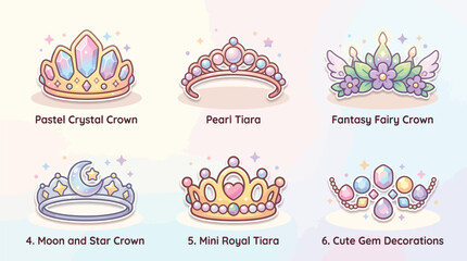 A collection of six adorable and whimsical tiaras and crowns, each with a unique pastel-themed design, perfect for fantasy and royalty themes. © Terra